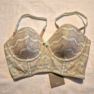 Anthropologie women's 34C turquoise with tan lace overlay underwire bra NWT